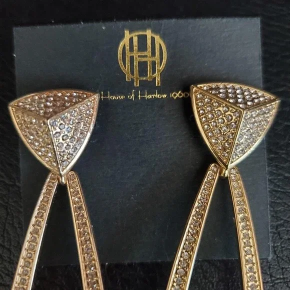 House of Harlow 1960 Mesa Door Knocker Pyramid Drop Earrings Gold Tone NWT - Picture 3 of 7